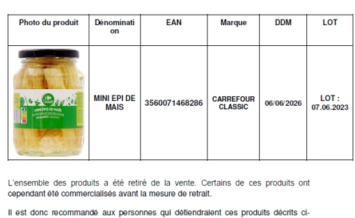 RAPPEL PRODUIT : MINI EPI DE MAÏS bocal 37CL - CARREFOUR CLASSIC