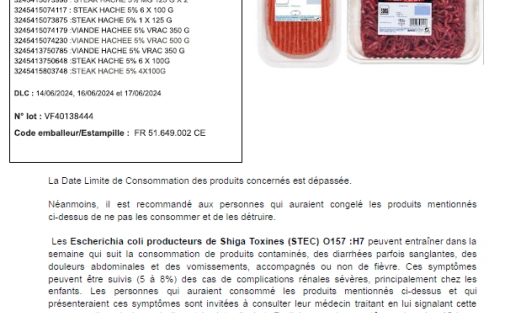 RAPPEL PRODUIT - Steak haché et viande hachée CRF 5% MG