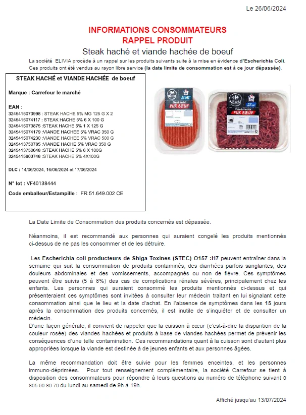 Rappel - Steak haché CRF E coli